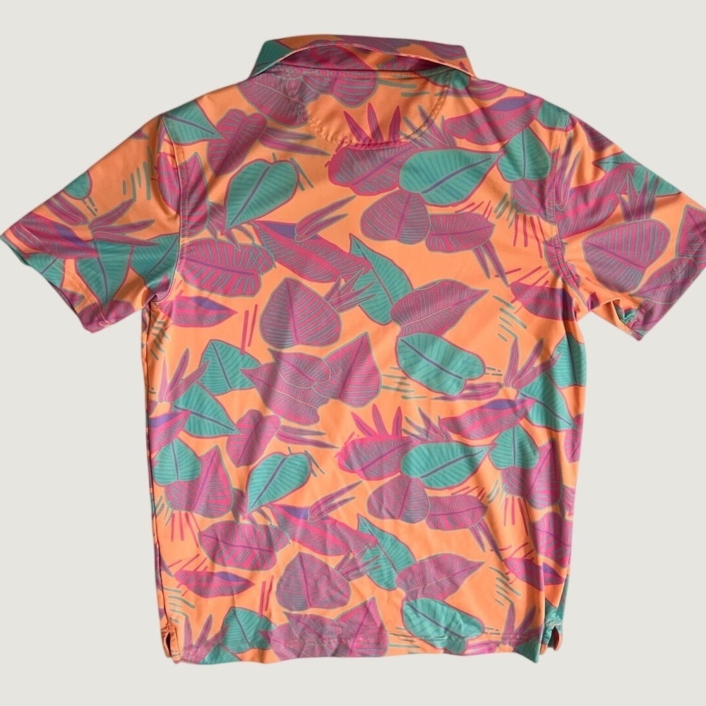 Chubbies Polo Shirt Orange Tropical Leaf Performance Stretch Youth Large YL - Picture 3 of 5